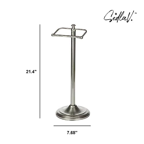 SEDLAV Toilet Paper Holder Stand - Satin Nickel Finish, Elegantly Hand Polished - Freestanding Bathroom Toilet Paper Holder with Storage - 21.4" Tall, Weighted Base