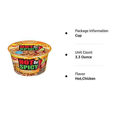 Nissin Bowl Noodles HOT & Spicy CHICKEN Flavor Microwavable and Spoonable Noodles & Soup with Og Trans FAT for Best in Ramen Instant Noddle Soup- 12 Pack of 3.32 Oz Cups