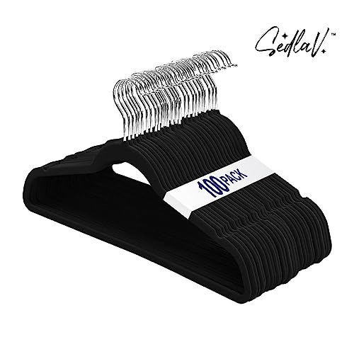 SEDLAV Premium Velvet Hangers, Non-Slip Clothes Hangers, Ultra-Thin & Sturdy Coat Hangers - Black Hanger with Shoulder Grooves - Ideal for Suits, Shirts, Dresses, Gowns (30)
