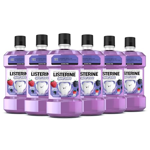 Listerine Smart Rinse Kids Mouthwash, ADA Accepted, Alcohol-Free Anticavity Fluoride Mouthwash, Oral Rinse for Cavity Protection, Berry Splash Flavor for Kids Oral Care, 500 mL (Pack of 6)