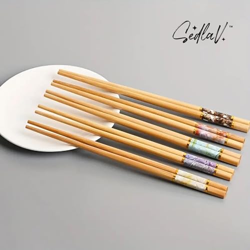 "SEDLAV Bamboo Crackle Print Chopsticks - Set of 5 | Decorative Asian Dining Utensils | Reusable Sushi Chopsticks | Eco-Friendly Kitchen Accessories"