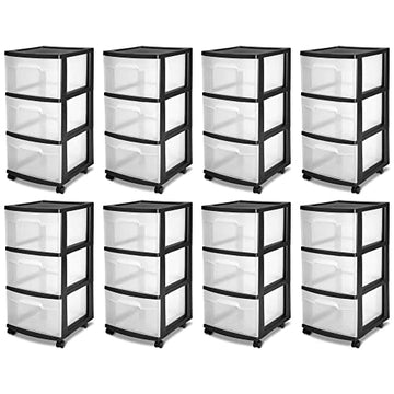 Sterilite 28309002 3 Drawer Multi Purpose Versatile Storage Cart with Clear Transparent Drawers, Ergonomic Handles, and Black Frame (8 Pack)