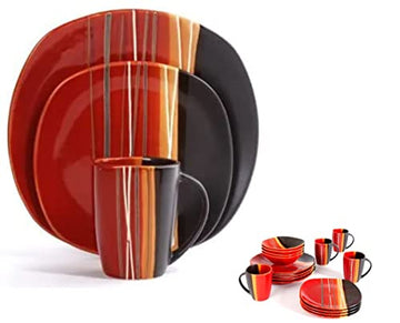 Red Color Dinnerware Service for 4 Place Set of 16 Dish Bowl Mug Dinner Plate Salad Stoneware Microwave Safe Dishwasher Home Kitchen Food Service Equipment Supplies Serveware Hand Drawn Design Unique