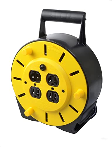 Woods 4907 Extension Cord Reel with 4-Outlets 16/3 SJTW and 12A Circuit, 25-Foot, 12-Amp Breaker, Yellow