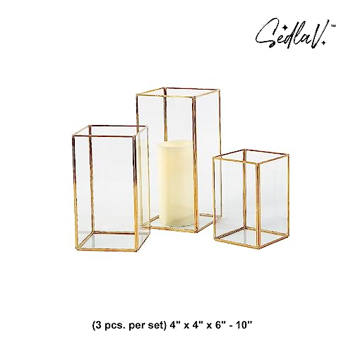 SEDLAV Gold Geometric Square Candle Holders Set of 6 - Candle Holders for Table Centerpiece, Glass Candle Holders for Pillar Candles, Hurricane Candle Holder Glass, Black Candle Holders