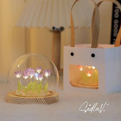 SEDLAV Artificial Tulips with Decorative Lamp Glass - Centerpiece Table Decorations, Great Coffee Table Decor or Dining Table Centerpiece