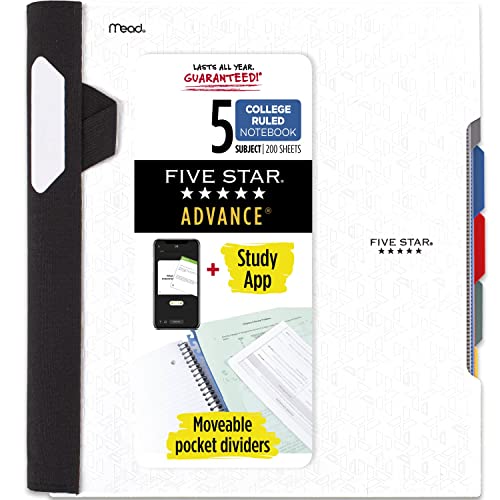 Five Star Spiral Notebook + Study App, 5-Subject, College Ruled Paper, Advance Notebook with Spiral Guard, Movable Tabbed Dividers and Expanding Pockets, 8-1/2