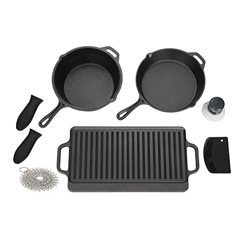 21.00 x 6.10 x 12 Inches, 8-Piece Pre-Seasoned Cast Iron Skillet Cookware Set and Cleaning Tools