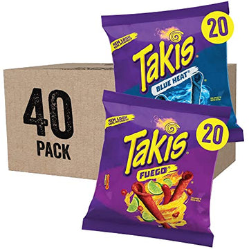 Takis Fuego (20) and Blue Heat (20) Rolled Spicy Tortilla Chips, Hot Chili Pepper Lime and Hot Chili Pepper Flavored Chips Variety Pack, 40 Individual Bags, 1 Ounce Each