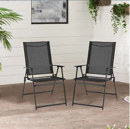 SEDLAV Greyson Square Set of 2 Outdoor Patio Steel Sling Folding Chair (Black)