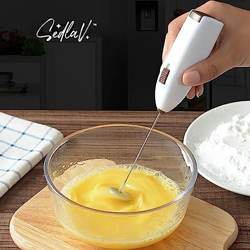 SEDLAV Electric Milk Frother Handheld - Battery Operated Whisk Beater Foam Maker for Lattes, Cappuccinos, Milkshakes, Frappes and More - Ultimate Barista Experience at Home - Easy to Clean