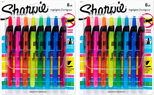 Sharpie Liquid Retractable Highlighters Assorted Colors, Chisel Tip Highlighter Pens, 2 Pack of 8 Count