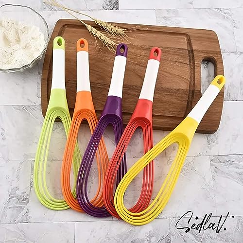 SEDLAV Storeable and Foldable Multifunctional Manual Rotary Egg Beater - Compact Silicone Whisk - Mini Whisk and Flat Whisk Combo - Small Whisks for Cooking - Non-Stick Balloon Whisk for Blending (1 Pc) (Yellow)
