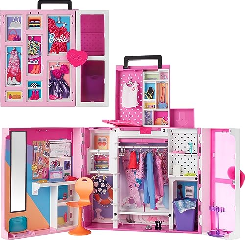 Barbie Closet Playset with 35+ Accesories, 5 Complete Looks, Pop-Up 2nd Level, Full Length Mirror, Laundry Chute, Dream Closet