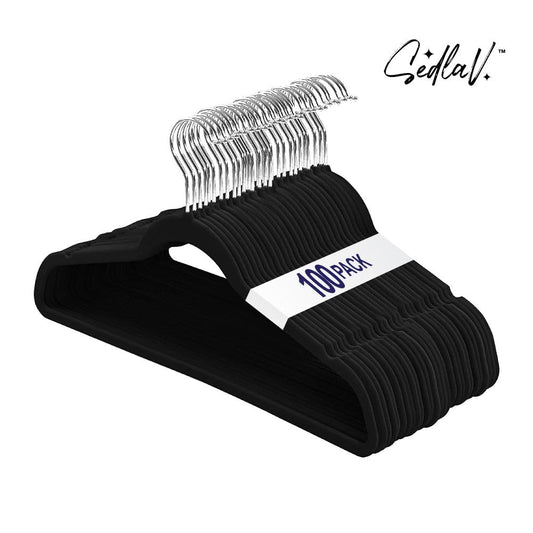 SEDLAV Premium Velvet Hangers, Non-Slip Clothes Hangers, Ultra-Thin & Sturdy Coat Hangers - Black Hanger with Shoulder Grooves - Ideal for Suits, Shirts, Dresses, Gowns (10)