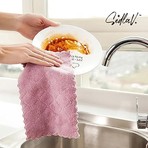 SEDLAV 12 Pack Kitchen Towels and Dishcloths Sets - Household Essentials, Premium Microfiber Cleaning Cloth with Super Absorbent Coral Fleece - Double-Sided, Reusable, Lint-Free, Anti-Scratch