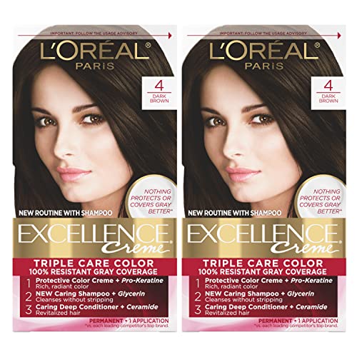 L'Oreal Paris Excellence Creme Permanent Hair Color, 4 Dark Brown, 100 percent Gray Coverage Hair Dye, Pack of 2