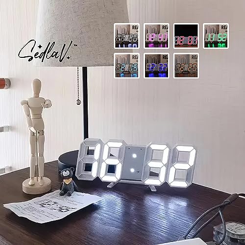 SEDLAV Digital Wall Clock with LED Light Function - 3D Big and Pure Mini White Clock Bundle with Remote Control, Adjustable High-Medium-Low Luminance, and Battery Powered Digital Clock Wall Mount