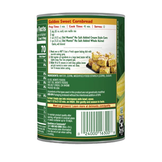 Del Monte Sweet Corn Cream Style - No Salt Added 14.75 oz. (Pack of 2)