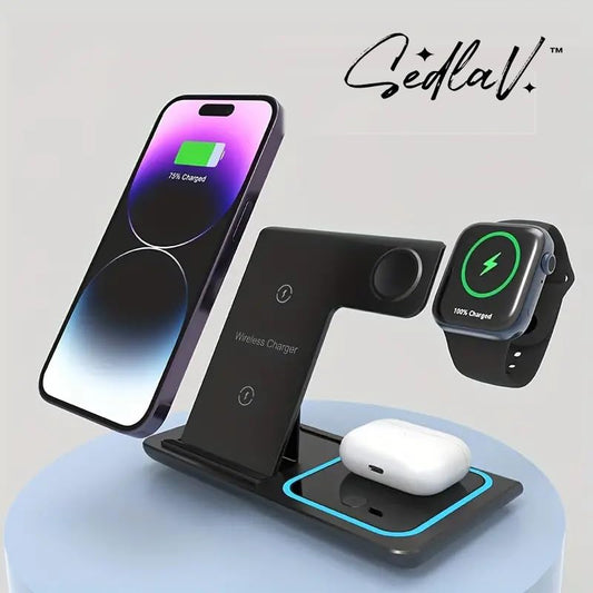 SEDLAV 3-in-1 Fast Charging Station: Foldable Wireless Charger Stand for iPhone and AirPods and Fast Wireless Charger