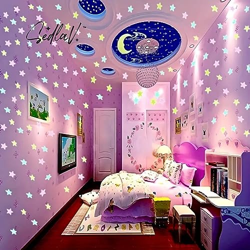 SEDLAV Luminous Star Wall Stickers – 100 Pcs Colorful Glow in The Dark Stars for Ceiling and Moon Stickers – Cute Room Decor, Night Light for littleones