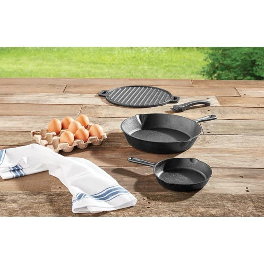 4-piece Cast Iron Skillet Set with Handles and Griddle, Pre-seasoned, 6", 10.5", 11"