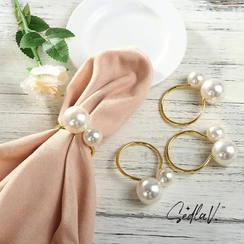 SEDLAV Sparkling Metal Napkin Rings with Faux Pearls, Elegant and Sophisticated Table Setting Napkin Rings for Weddings, Parties, and Special Occasions