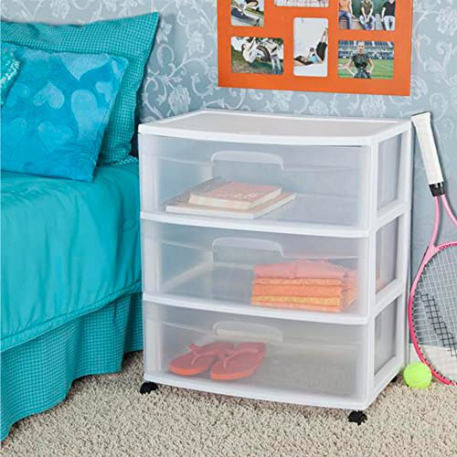 Sterilite Wide 3 Drawer Storage Cart, Plastic Rolling Cart with Wheels to Organize Clothes in Bedroom, Closet, White with Clear Drawers, 4-Pack