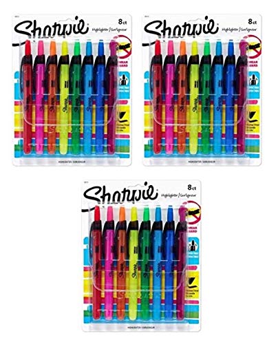 Sharpie 28101 Accent Retractable Highlighters, Chisel Tip, Assorted Colors, Pack of 3, 24-Count