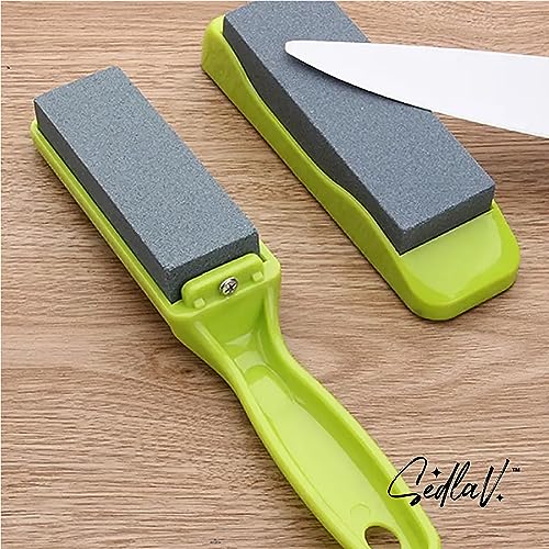 SEDLAV Knife Sharpener With Handle - Revive Your Dull Blades with Ease Angler Sharpening Stone Double-Sided Carborundum Whetstone with Plastic Base and Non-Skid Bottom