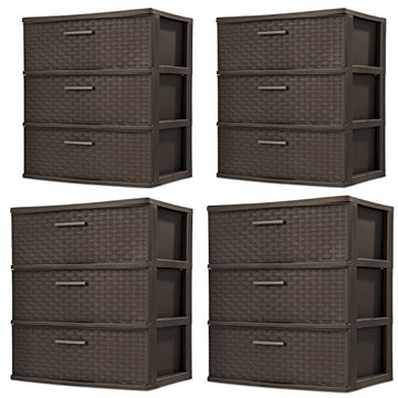 Sterilite 25306P01 3-Drawer Wide Weave Tower, Espresso Frame & Drawers w/ Driftwood Handles, 4-Pack