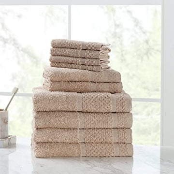 10 Piece Towels Set 100% Cotton Solid Dyed Casual Bath Towel (Beige)