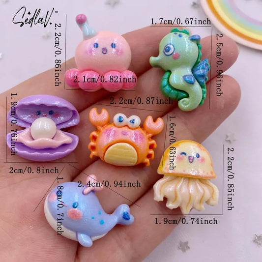 SEDLAV 12pcs Resin Glitter Ocean Animal Flat Back Cabochons - DIY Crafts Accessory Set Colorful Jellyfish Crabs Shells Seahorses Octopuses Whales Cartoon Scrapbook