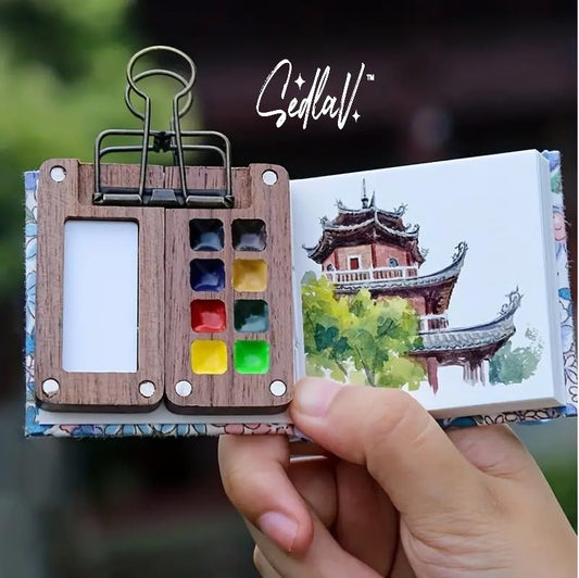 SEDLAV Handmade Walnut Mini Paint Box - Magnetic Portable Dispenser with 8 Compartments for Outdoor Sketching, Nail Art, and Artistic Creations