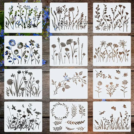 SEDLAV 12 Pcs Flower Stencils for Painting - Reusable Stencils for Crafts - DIY Art Painting Templates for Furniture, Wood, Floor, and Wall - Floral Creativity at Your Fingertips