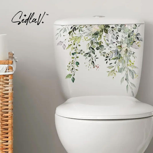 SEDLAV Green Plant Leaves and Flowers Toilet Stickers - Self-Adhesive Toilet Lid and Wall Decor Decal Set for Bathroom WC Restroom Removable Waterproof Toilet Sticker