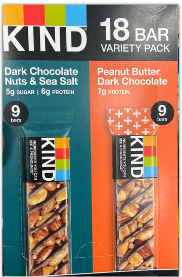 KIND Variety Pack, 9- Dark Chocolate Nuts & Sea Salt, 9- Peanut Butter Dark Chocolate, 18 Bar Pack