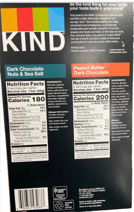KIND Variety Pack, 9- Dark Chocolate Nuts & Sea Salt, 9- Peanut Butter Dark Chocolate, 18 Bar Pack