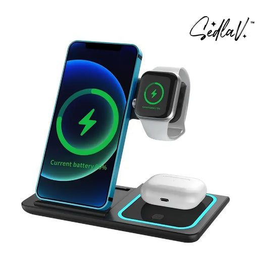 SEDLAV Fast Charging Station – 3 in 1 Wireless Charger Stand for iPhone, Apple Watch, AirPod – Compact Folding Design Perfect for Quick Charging in Home or Office