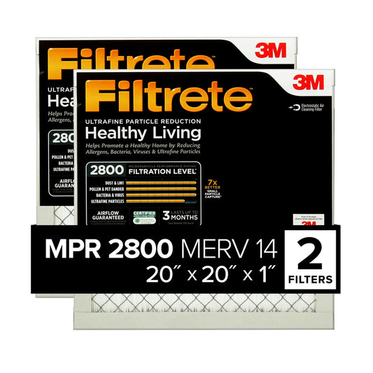 Filtrete 20x20x1 Air Filter, MPR 2800, MERV 14, Healthy Living Ultrafine Particle Reduction 3-Month Pleated 1-Inch Air Filters, 2 Filters