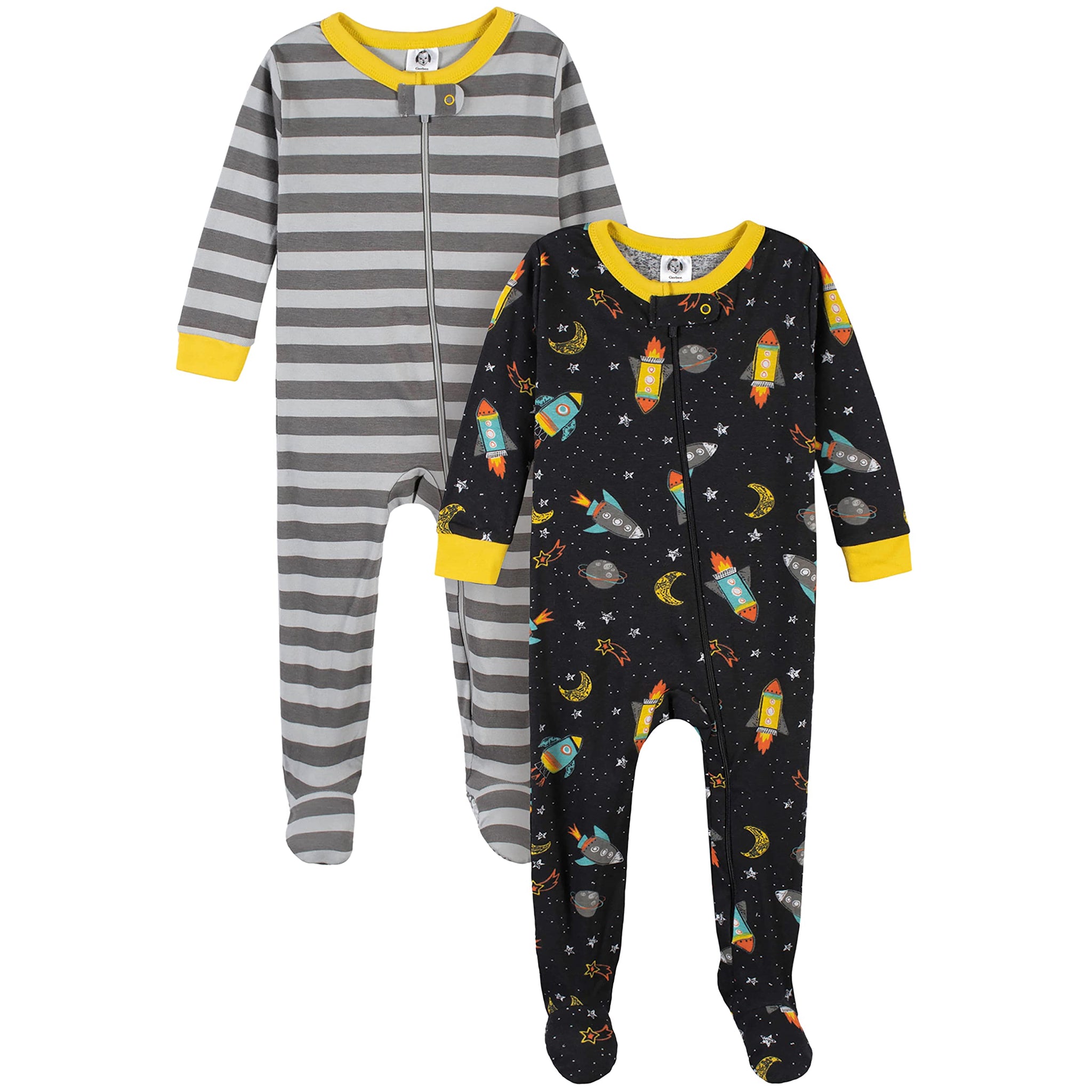 Gerber Baby Boys' 2-Pack Footed Pajamas, Rocket Ship Black, 0-3 Months