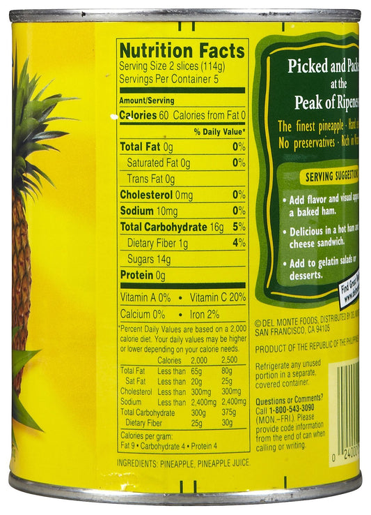 Del Monte PINEAPPLE SLICES in 100% Pineapple Juice 20oz (3 Pack)