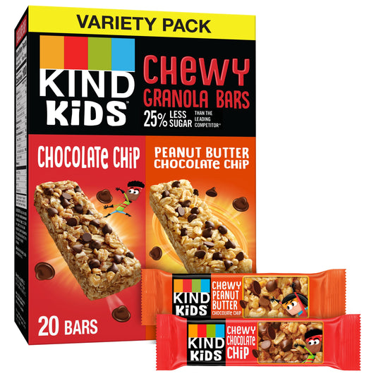 KIND KIDS Chewy Granola Bars, Chocolate Chip and Peanut Butter Chocolate Chip, Variety Pack, 100% Whole Grains, Gluten Free Bars, 0.81 oz (20 Count)