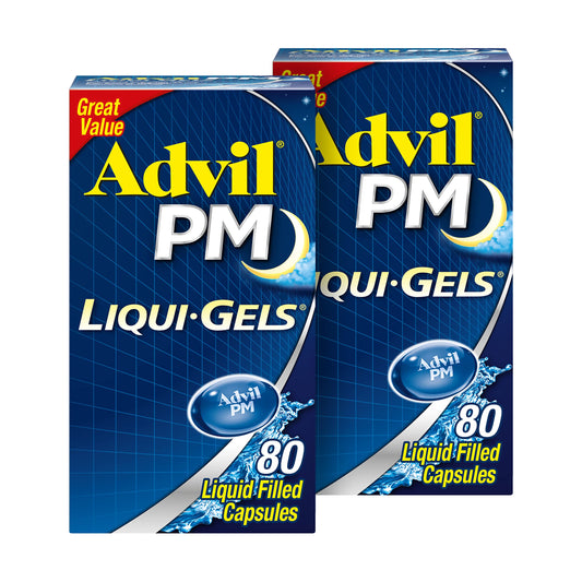 Advil PM Liqui-Gels Pain Reliever and Nighttime Sleep Aid, Pain Medicine with Ibuprofen for Pain Relief and Diphenhydramine HCL for a Sleep Aid - 2x80 Liquid Filled Capsules