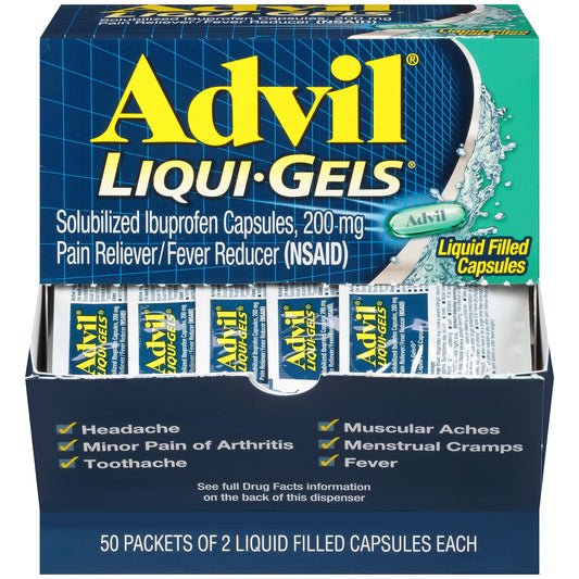 Advil Liqui-Gels Pain Reliever and Fever Reducer, Pain Medicine for Adults with Ibuprofen 200mg for Headache, Backache, Menstrual Pain and Joint Pain Relief - 50x2 Liquid Filled Capsules