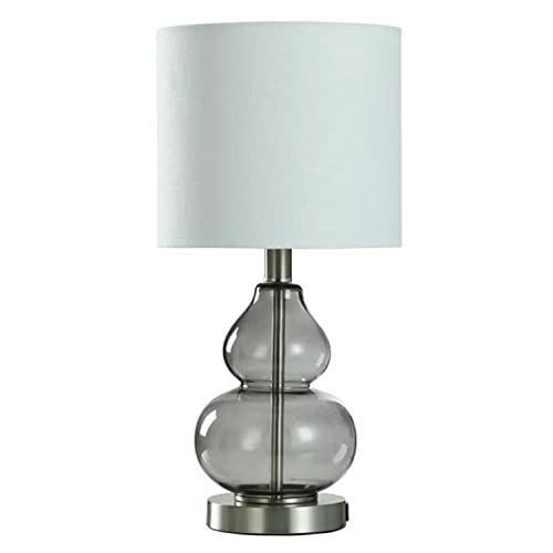 Smoked Grey Glass Table Lamp with Drum Shade and USB Port