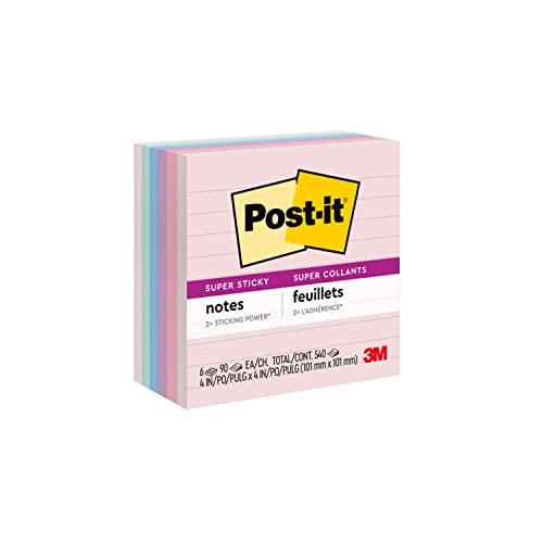 Post-it Super Sticky Recycled Notes, 4x4 in, 6 Pads, 2x the Sticking Power, Bali Collection, Pastel Colors (Lavender, Apricot, Blue, Pink, Mint), 30% Recycled Paper (675-6SSNRP)
