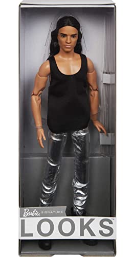 Barbie Signature Barbie Looks Ken Doll (Long Brunette Hair) Fully Posable Fashion Doll Wearing Black Tank Top & Metallic Pants, Gift for Collectors