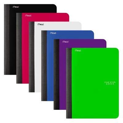 Five Star Composition Notebooks, 6 Pack, Wide Ruled Paper, 9-3/4" x 7-1/2", 100 Sheets, Black, Amethyst Purple, Tidewater Blue, Forest Green, Harvest Yellow, Fire Red (950009)