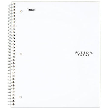 Five Star Spiral Notebook, 1 Subject, College Ruled Paper, 100 Sheets, 11" x 8-1/2, School, Wired, White (72456)